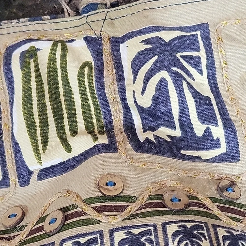 Canvas Blue, Green Tan, Orange Beach Theme Bag Purse Palm Trees, Hibiscus, Surf - Picture 10 of 14